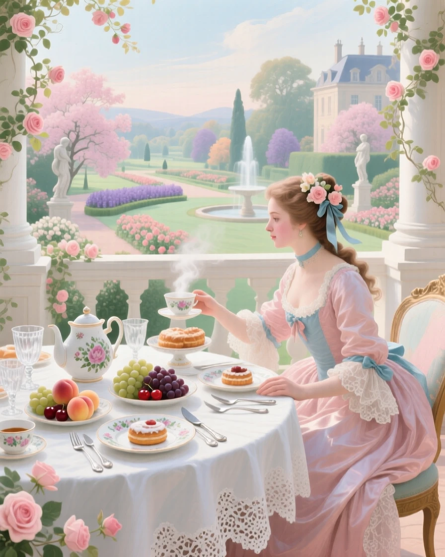 A lavish breakfast table set beside an open balcony overlooking a flowering estate  