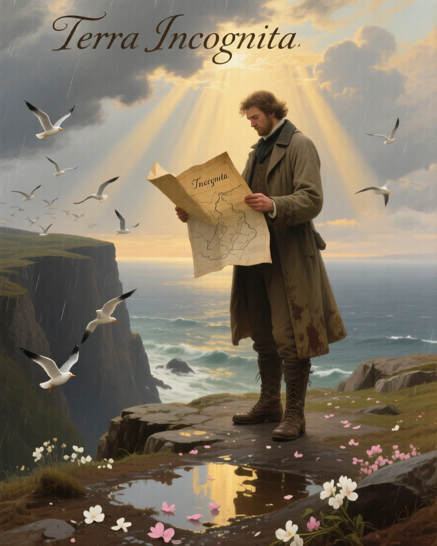 After rainfall, A solitary traveler on a high coastal cliff, holding a weathered map as seabirds wheel below, surrounded by a vast storm-cleared ocean, sunbeams breaking through distant clouds; puddles mirror the sky and scattered petals cling to the ground, the air feels washed clean and hopeful.