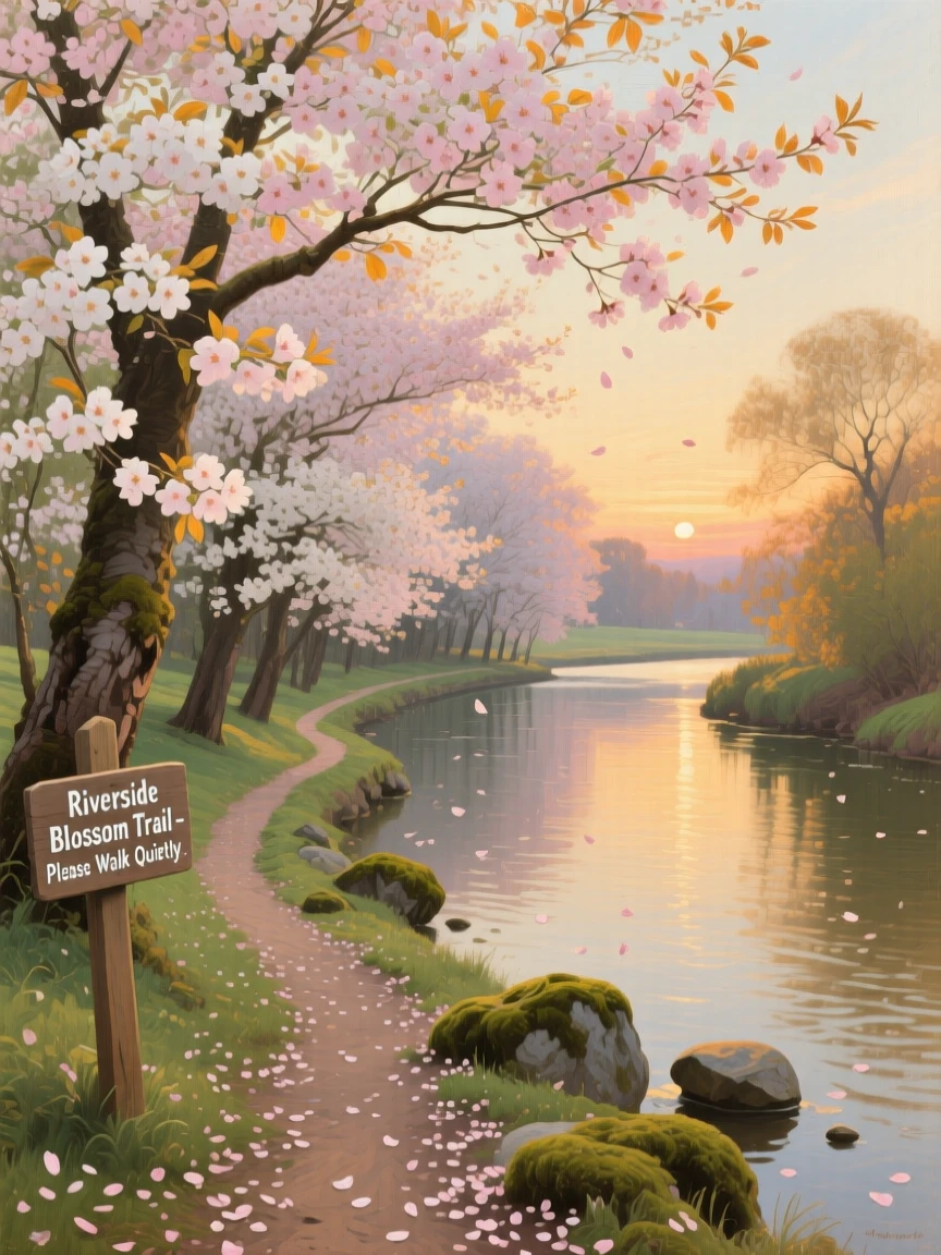 A cherry blossom grove in full bloom along a quiet riverside path, as golden hour light spills across the entire scene, evoking a profound sense of scale, silence, and wonder