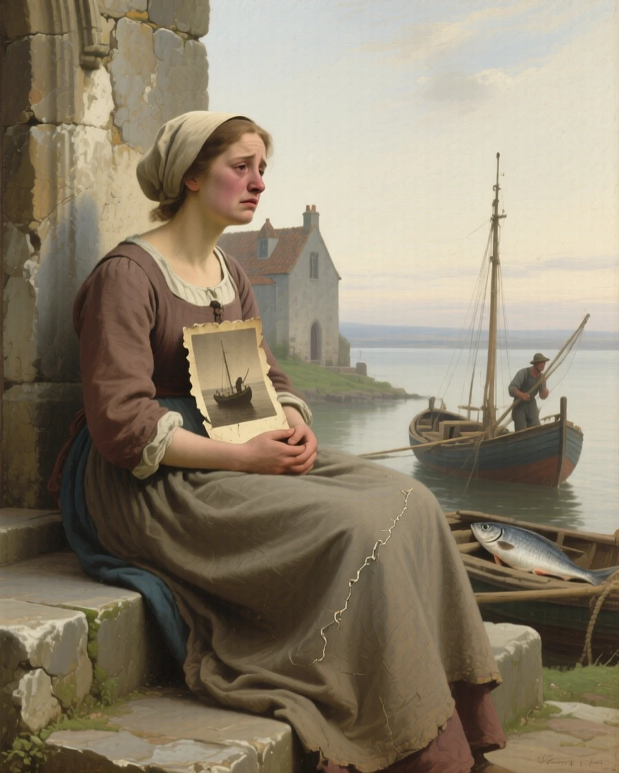 A fisherman's wife scanning the horizon for a returning boat just as relief washes over every face, set on the worn steps of a village church, with a faded photograph clutched tightly to a chest; the composition uses negative space to emphasize the distance just closed, aching with bittersweet longing and hard-won joy.