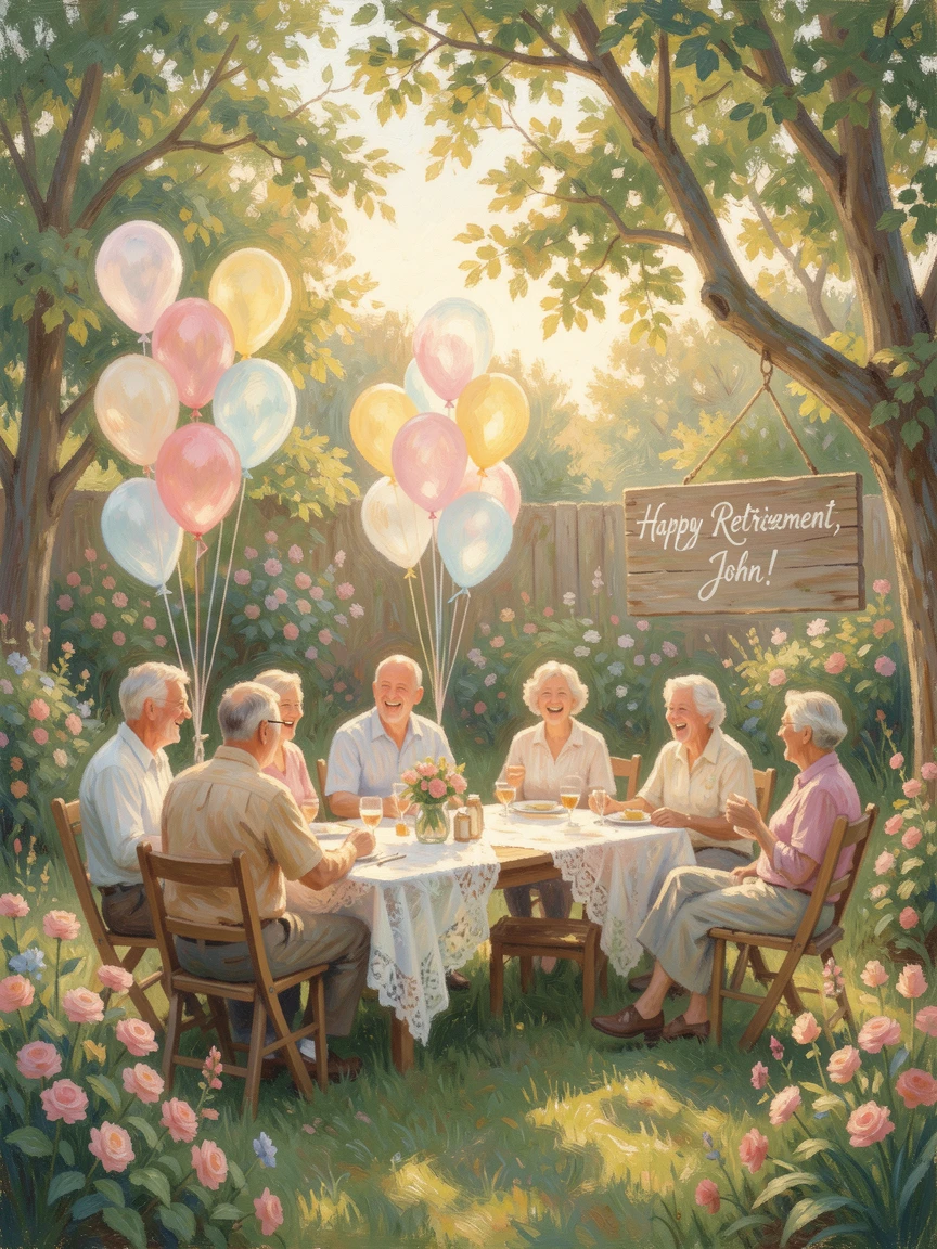 A joyful retirement party in a backyard filled with balloons, laughter, and old friends reminiscing.