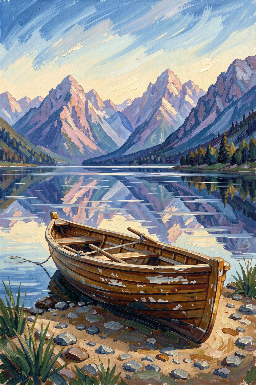 A single wooden rowboat resting on the shore of a calm lake at first light, mountains mirrored in glassy water.