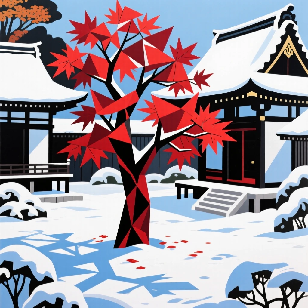 A snowy Kyoto temple garden with a single red maple tree in autumn.