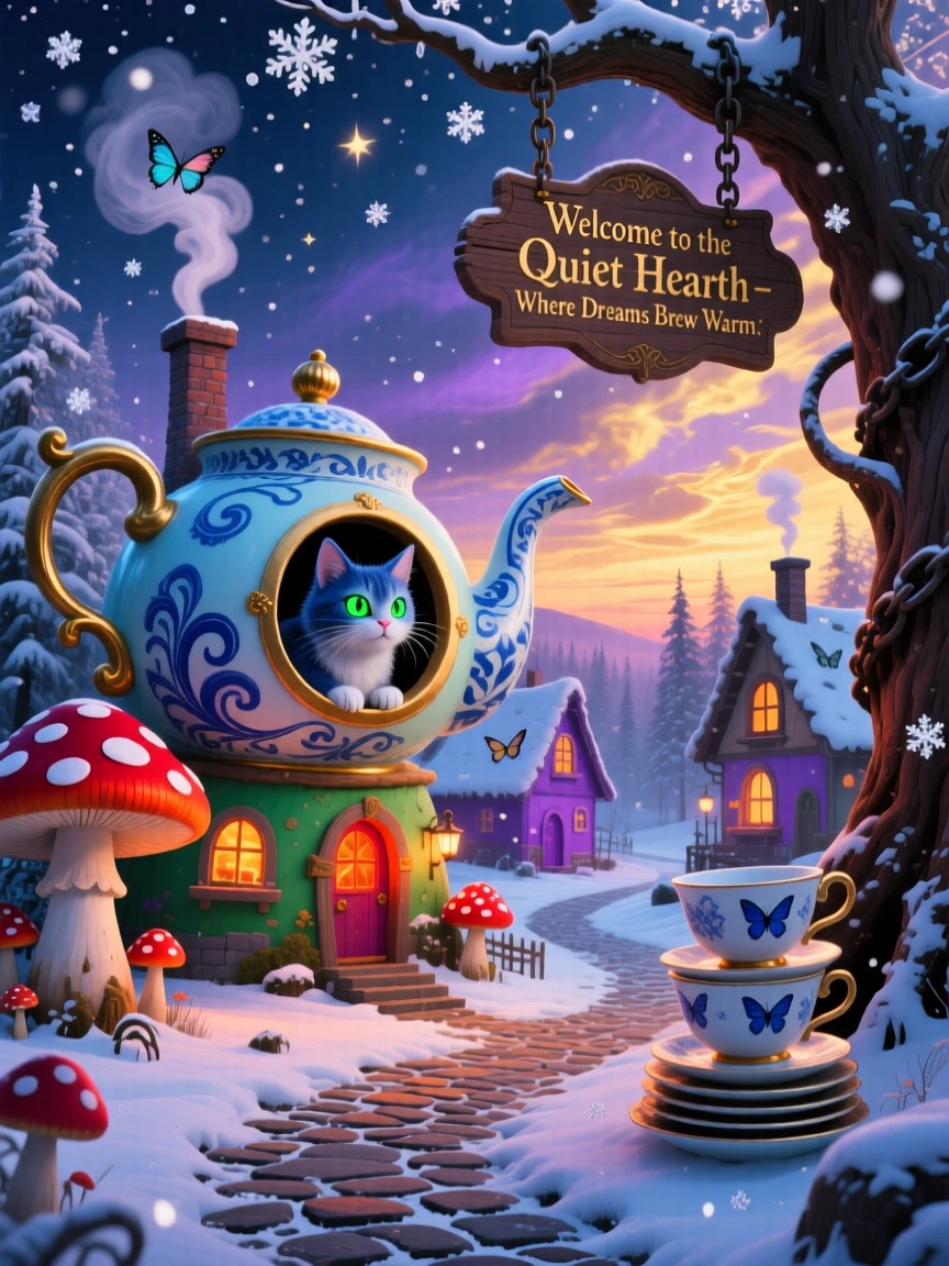A village of houses shaped like teapots and toadstools rests peacefully beneath a blanket of drifting snow, while a cat watches curiously from an open window.