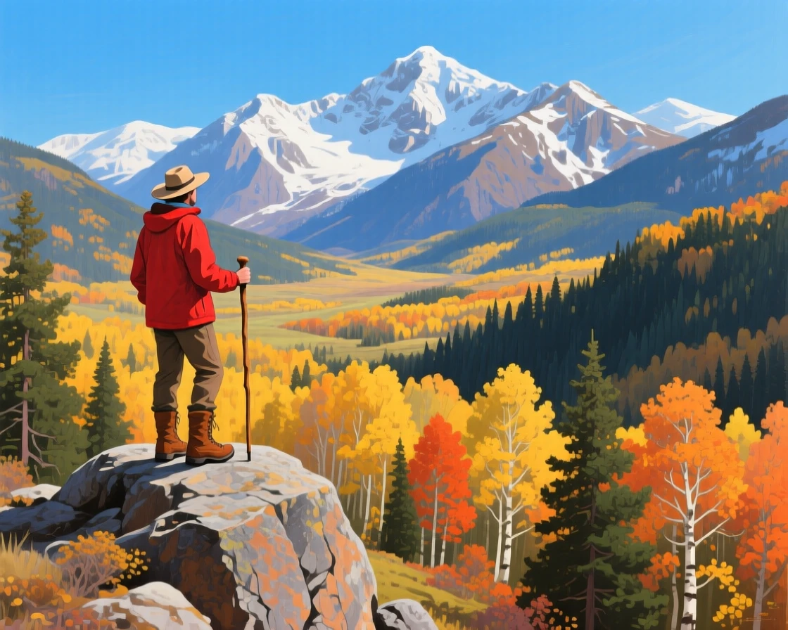 Colorado's Rocky Mountains blaze with autumn aspen groves in gold and orange, a hiker with a walking stick standing on a boulder overlooking the valley, distant snow already dusting the highest summits under a crisp blue sky.
