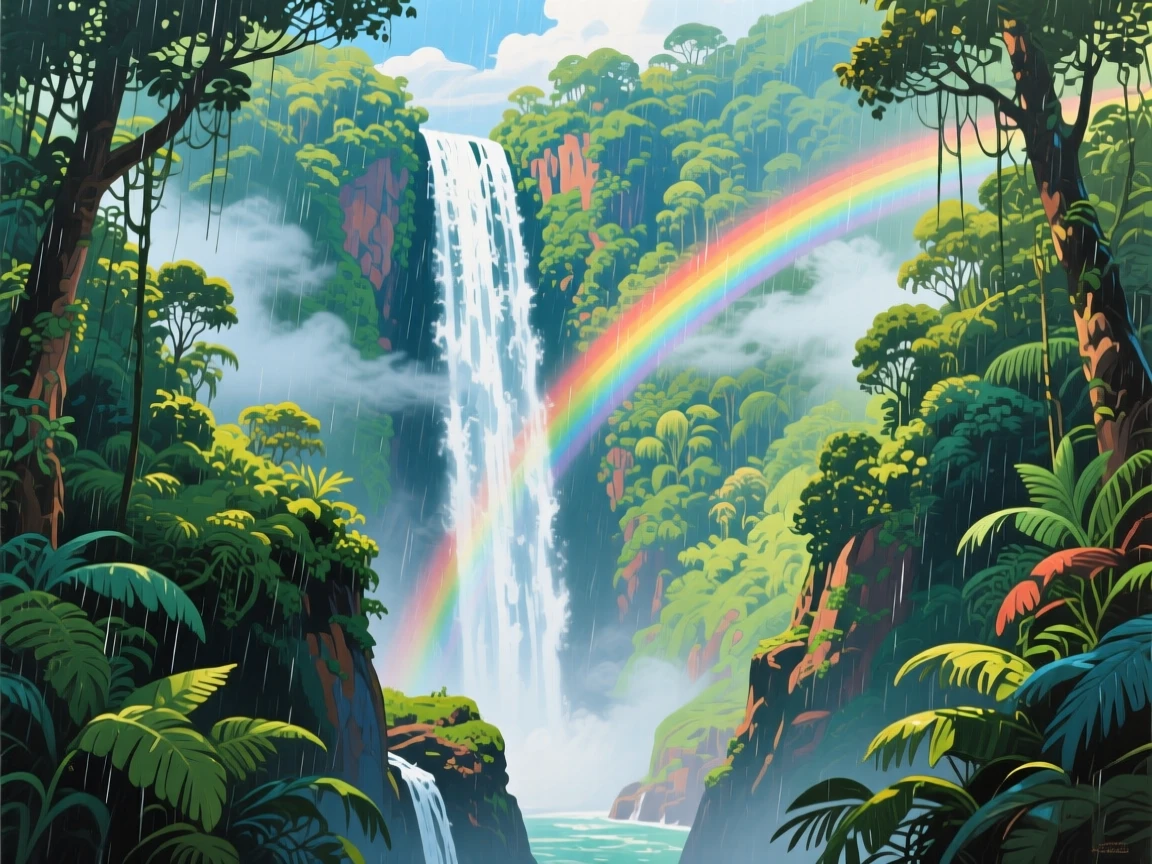 A towering waterfall plunging through a lush rainforest canyon, mist rising to form a faint rainbow across the gorge