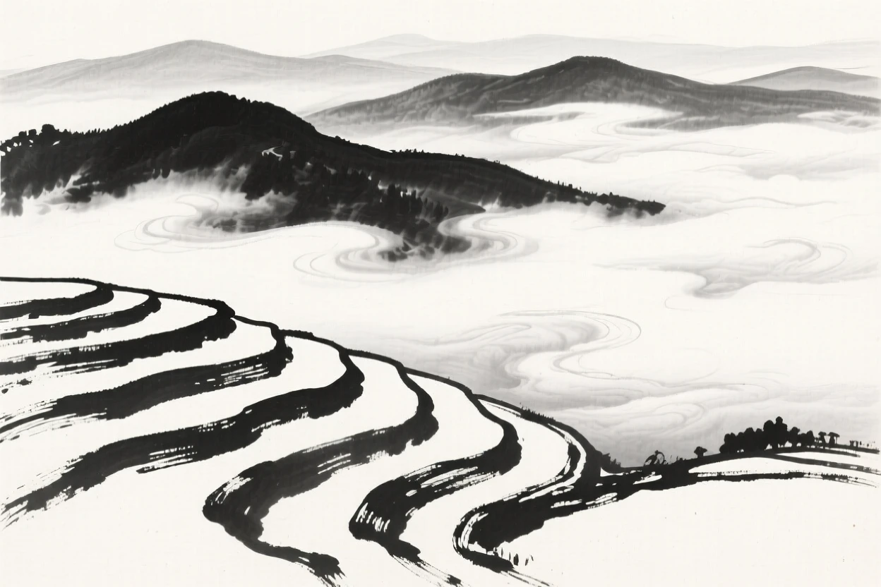 a rolling range of hills, rising above a sea of clouds, with terraced fields spreading below.