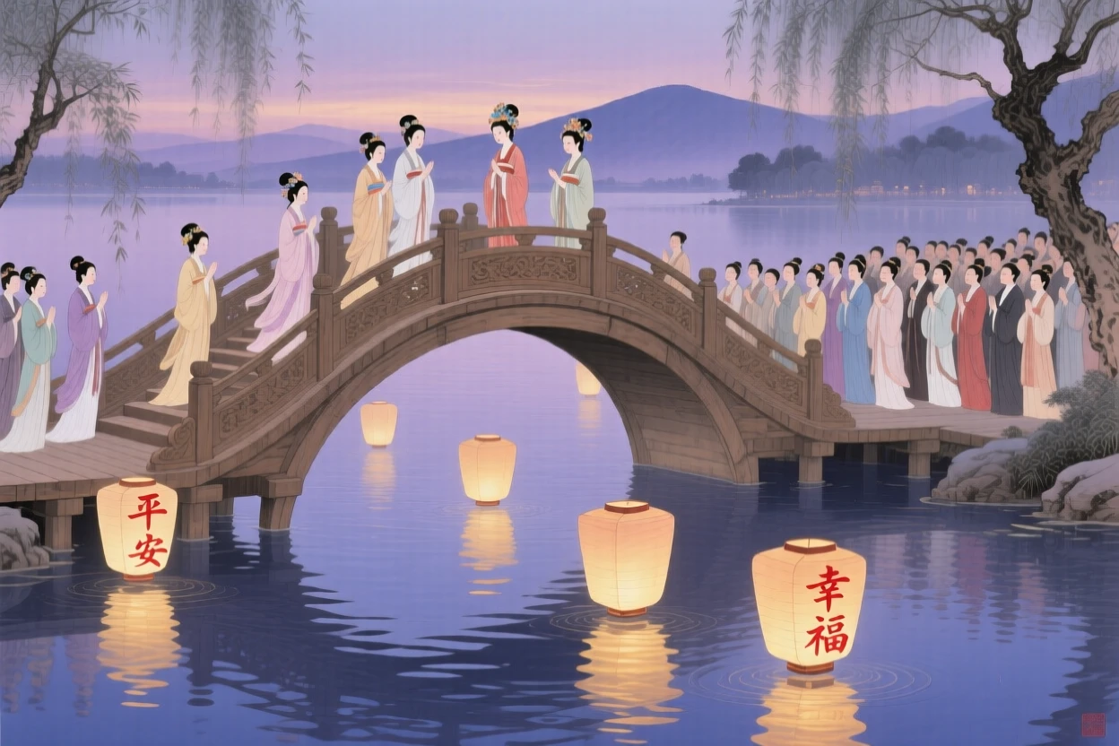 A floating lantern ceremony on a still lake at twilight, seen from a bridge overlooking the crowd