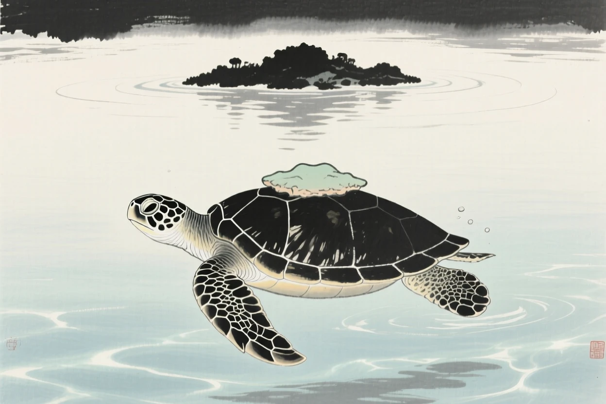 A turtle carrying a small floating island on its back above a tranquil, glowing lake, seen from below, looking up in quiet awe, evoking wonder, myth, and quiet reverence.