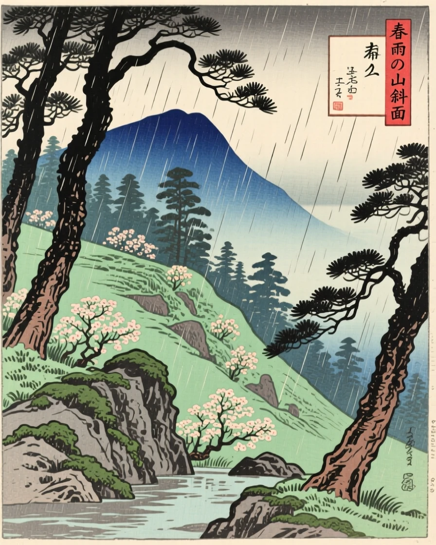 A forested mountain slope, framed by wind-bent pine trees, during a gentle spring rain.