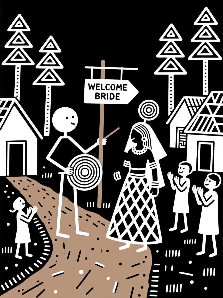 A village storyteller welcoming a new bride into the family along a dirt path lined with huts.