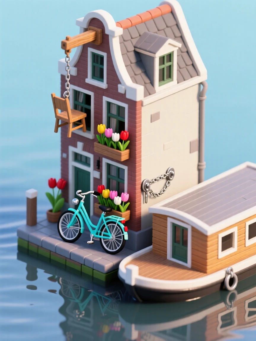 A narrow canal house in Amsterdam style with a pulley system hoisting furniture to the top floor, tulips in flower boxes, a bicycle leaning against the wall, and a houseboat moored out front.