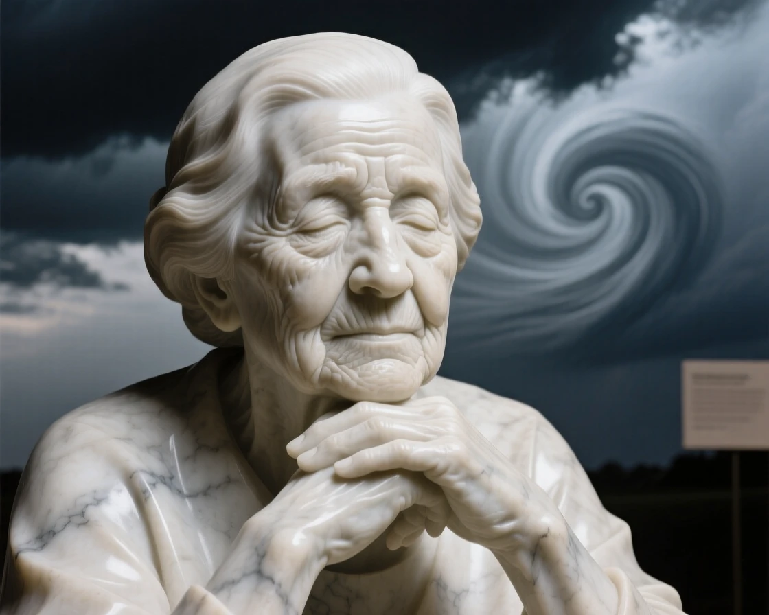A close-up portrait of a proud grandmother, resting chin on folded hands, silhouetted against a dramatic sky, radiating quiet emotion and dignity