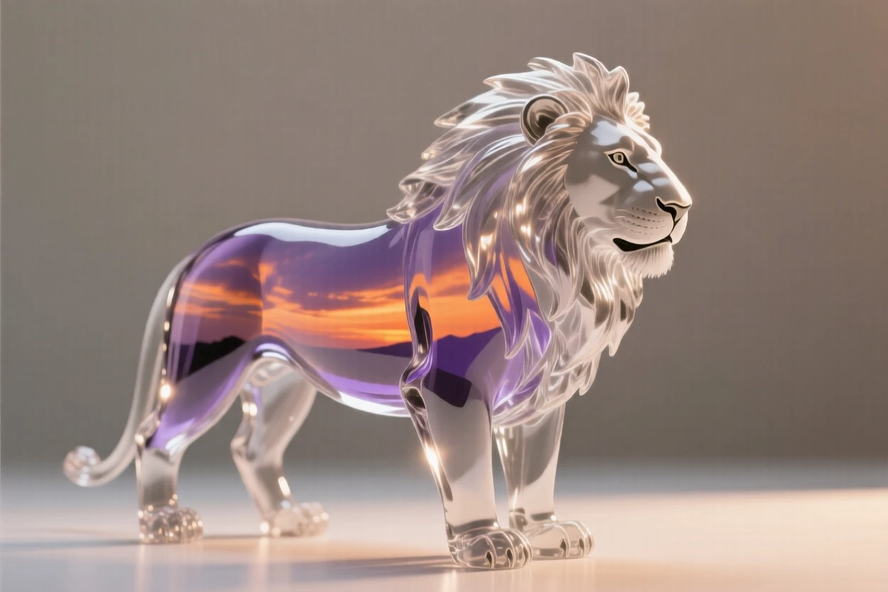 A majestic lion silhouetted against a dramatic sunset sky over rolling hills, warm orange and purple tones creating a serene, cinematic mood.