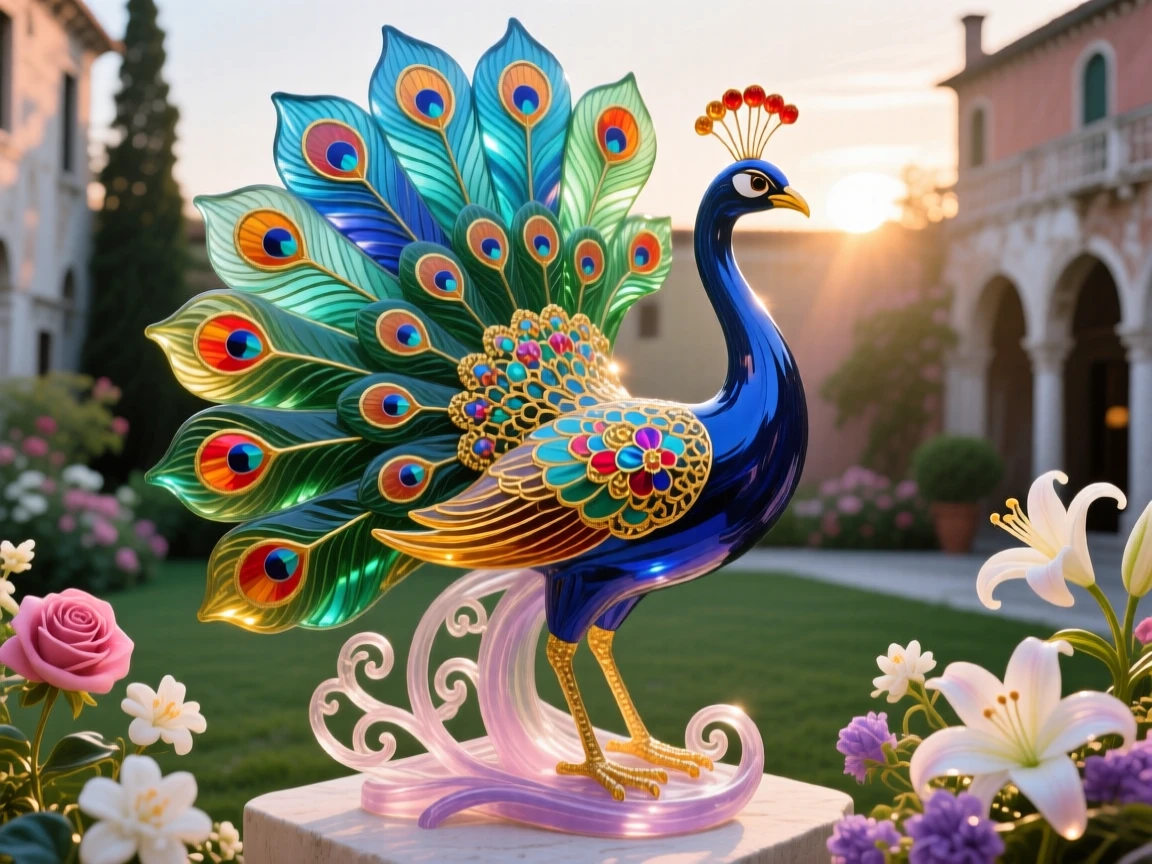 A peacock fanning its full tail in a blooming garden courtyard at sunrise, every eye-spot catching the light, radiating pride and elegance.