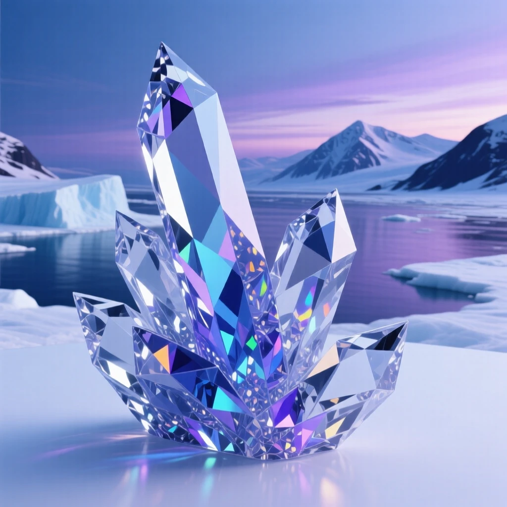 A frozen fjord at blue hour, jagged icebergs reflecting violet twilight, distant mountains capped in snow.