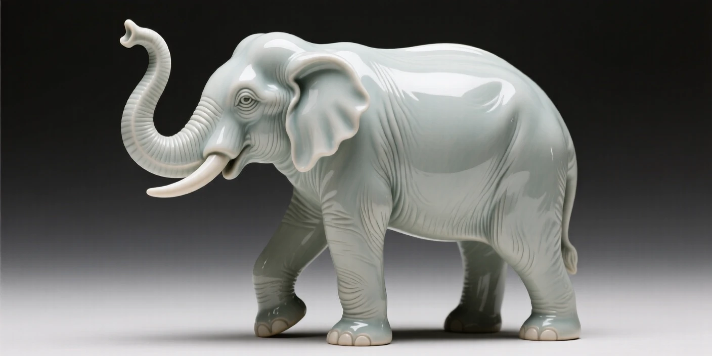 An ornamental elephant with an upraised trunk for luck captured in a graceful, polished stance, with fine, delicate detailing throughout, conveying calm, tasteful sophistication.