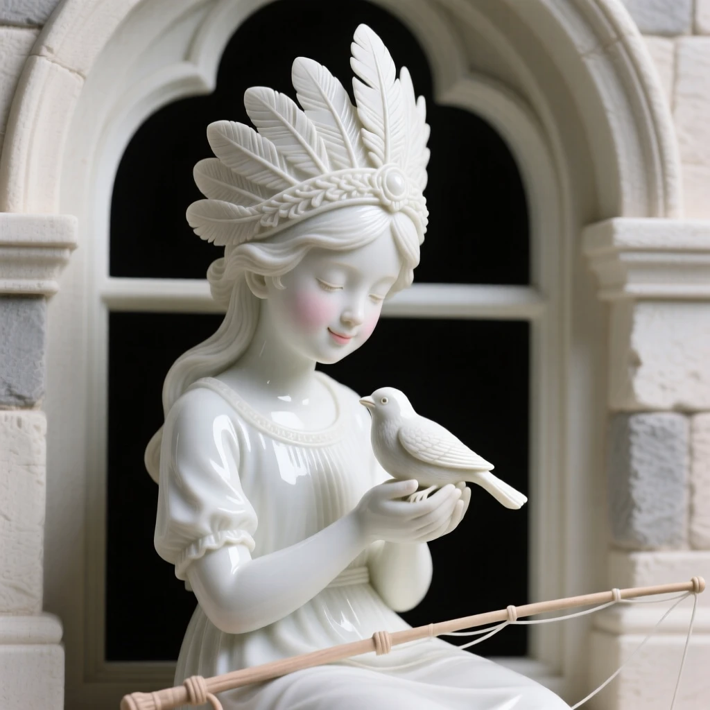 A fisherman's daughter cradling a small bird in cupped hands, wearing a feathered ceremonial headdress, a faint, knowing smile on her lips, set against the arched window of a stone tower.
