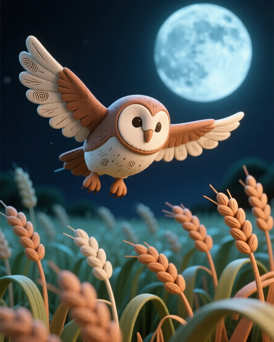 A barn owl gliding silently over a moonlit wheat field