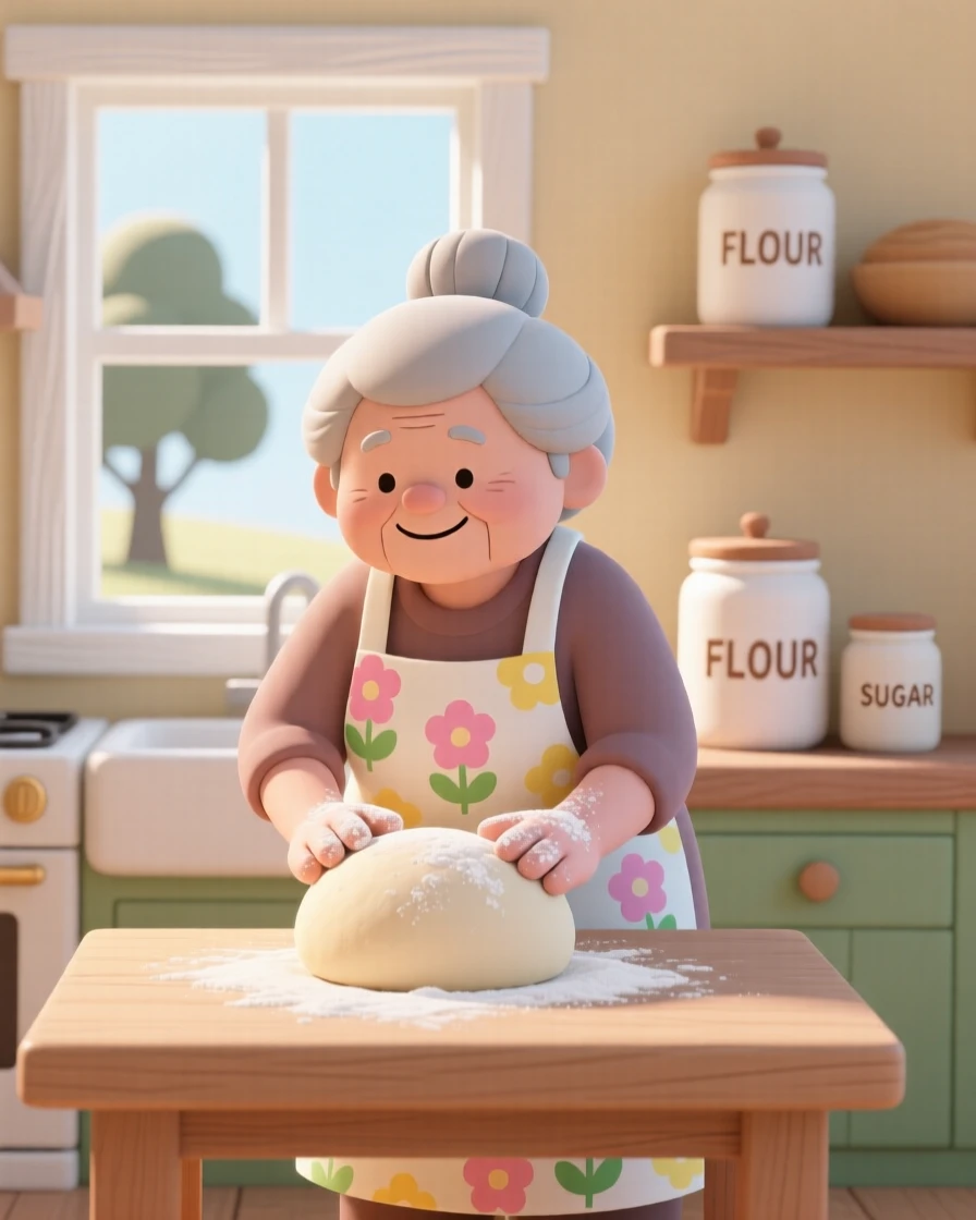 A grandmother in a floral apron kneads bread dough in a sunny farmhouse kitchen, flour dusting her hands and a warm smile on her face.