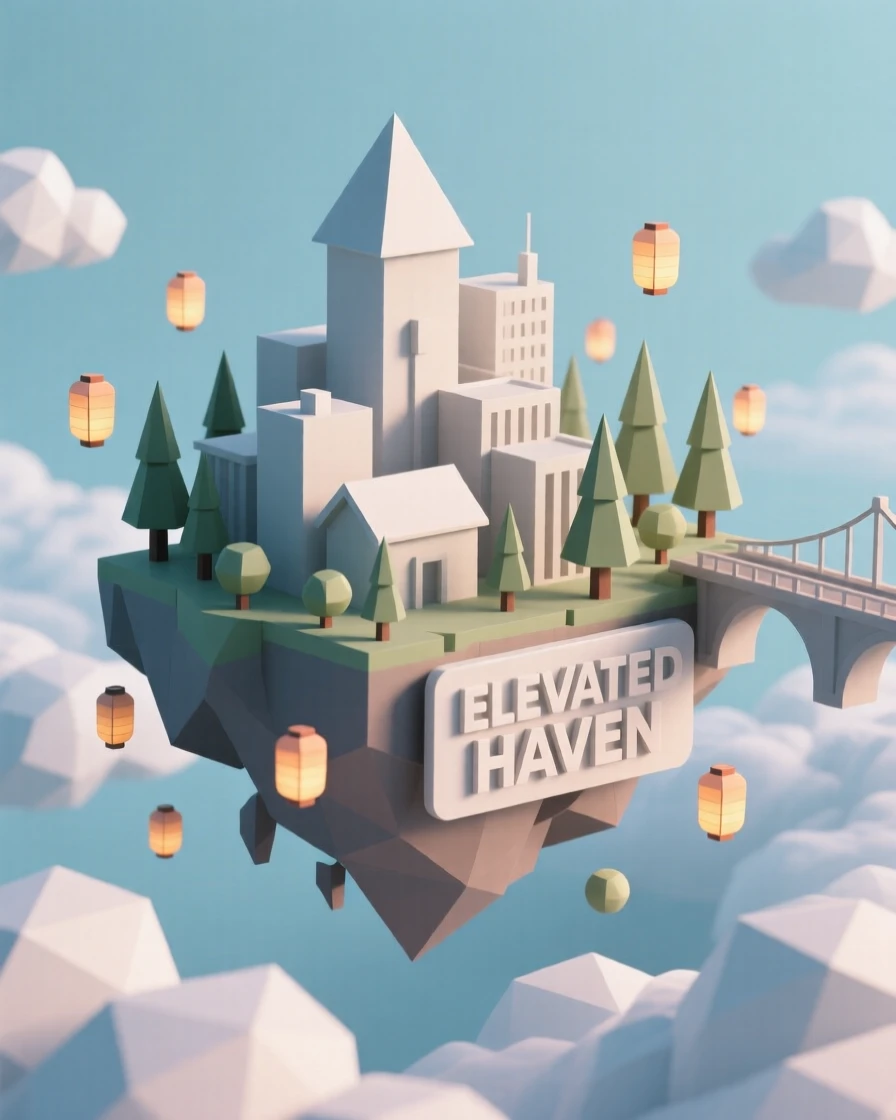 A floating city suspended above the clouds, within a forest lit by floating lanterns. the scale of the scene emphasizes its grandeur. A gentle, magical glow softens the scene.