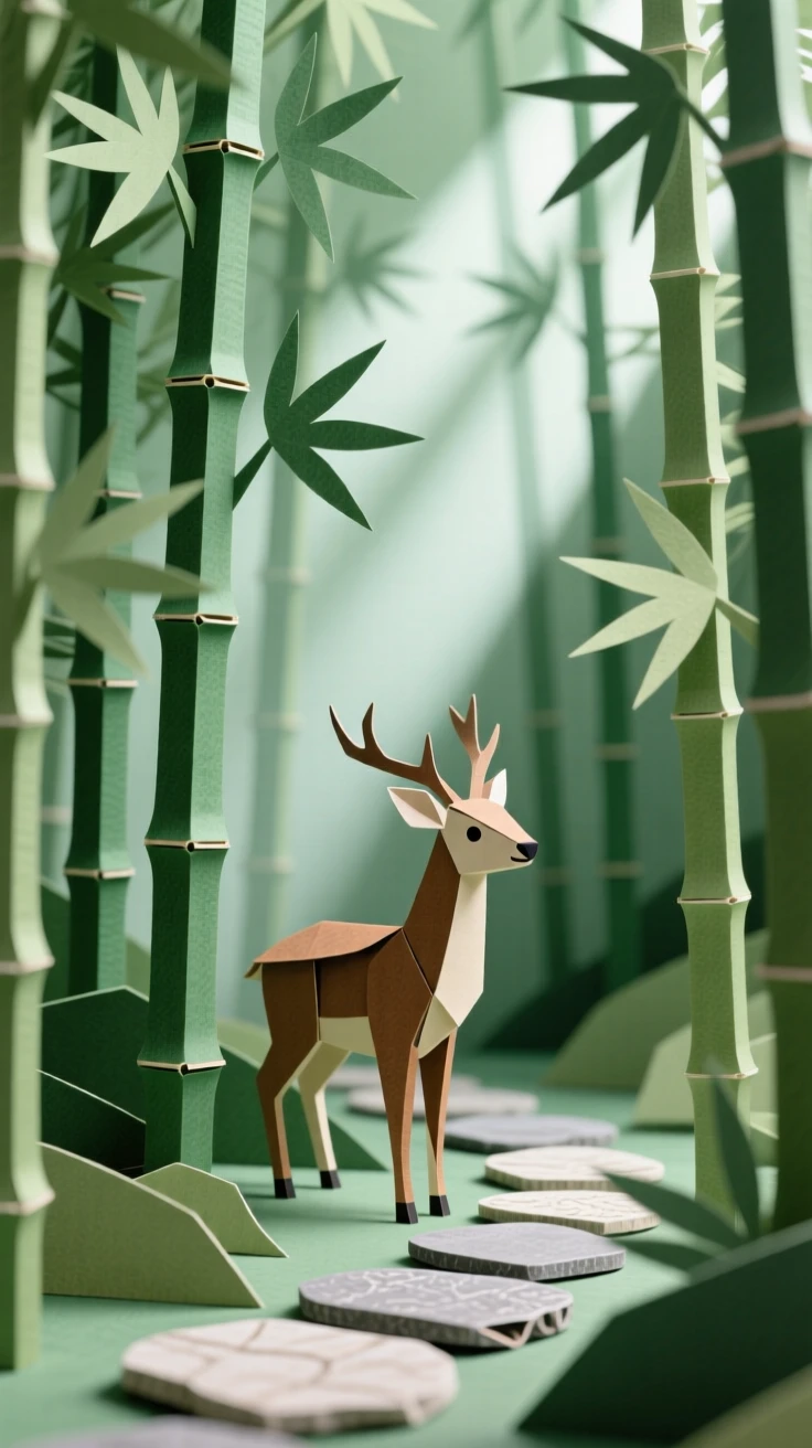 A quiet bamboo forest with tall green stalks filtering soft light into slanted beams, a small stone path curving through the grove, and a single deer pausing to look back, suggesting calm and ancient stillness.