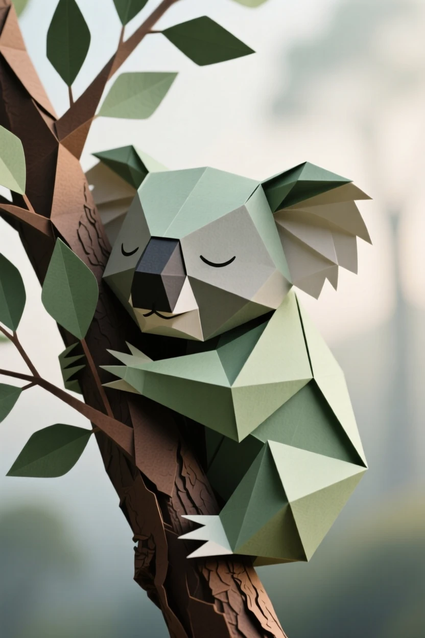 A koala hugging a eucalyptus branch with its cheek pressed against the bark, eyes half closed, soft morning mist in the background.