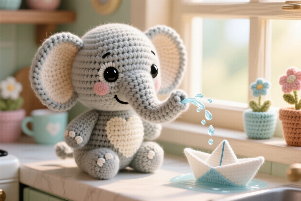 A heartwarming close-up of a baby elephant, with oversized ears and a curled trunk, spraying water playfully from its trunk in a warm kitchen windowsill with morning light streaming in; a tiny paper boat floating nearby completes the scene, radiating warm affection and comfortable belonging.