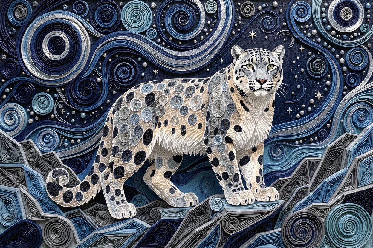 A striking wildlife scene of a snow leopard perched on a rocky mountain ledge beneath a vast star-filled night sky, in cool blues and silvers of early dawn, composed with the animal as a striking central focal point.