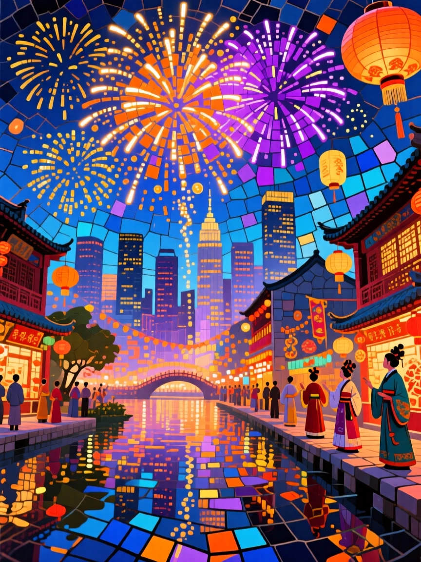 A vibrant, festive scene of a New Year's Eve fireworks display bursting over a city skyline, rich in color and cultural detail.