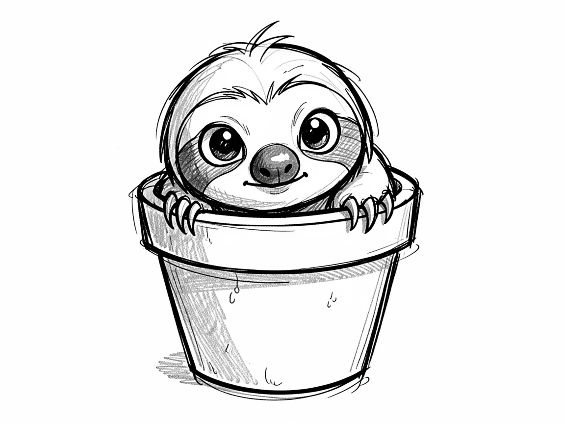 A baby sloth peeking out of a flower pot.