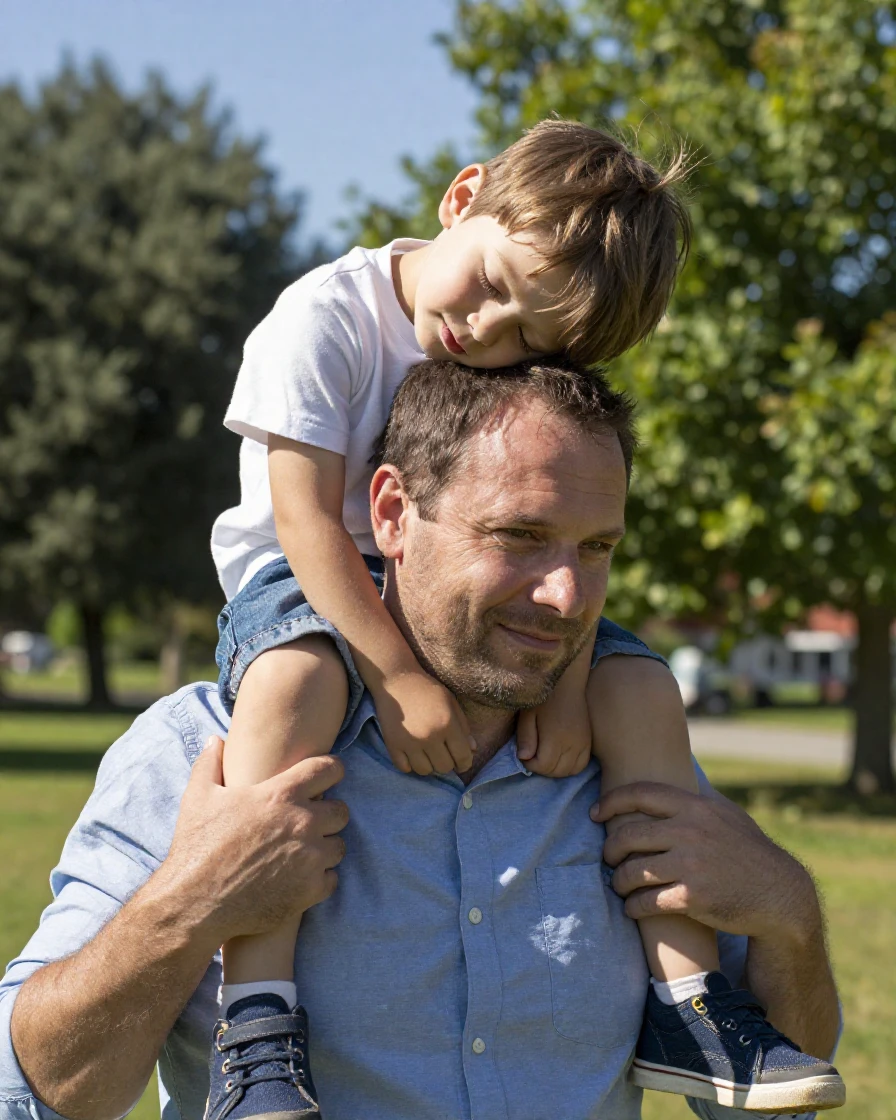 A father carrying his sleeping son on his shoulders