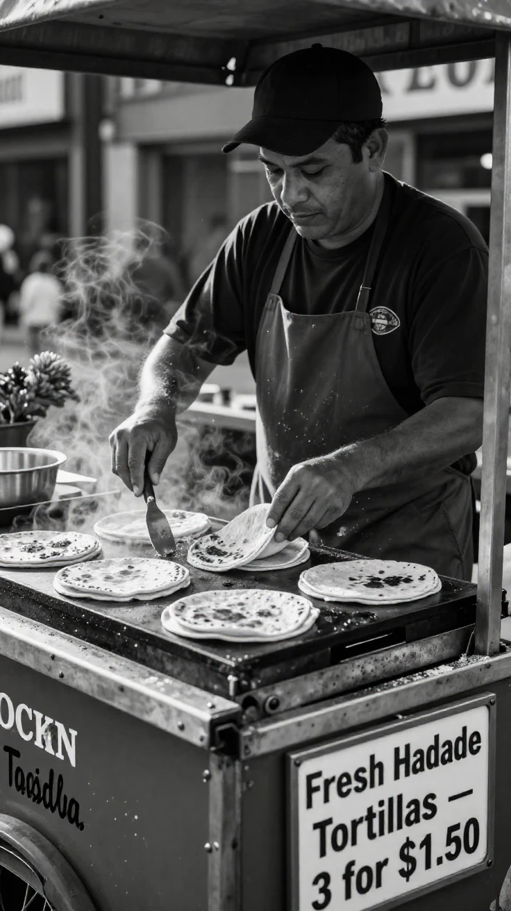 A street vendor flips fresh tortillas on a hot griddle beside a steaming food cart.