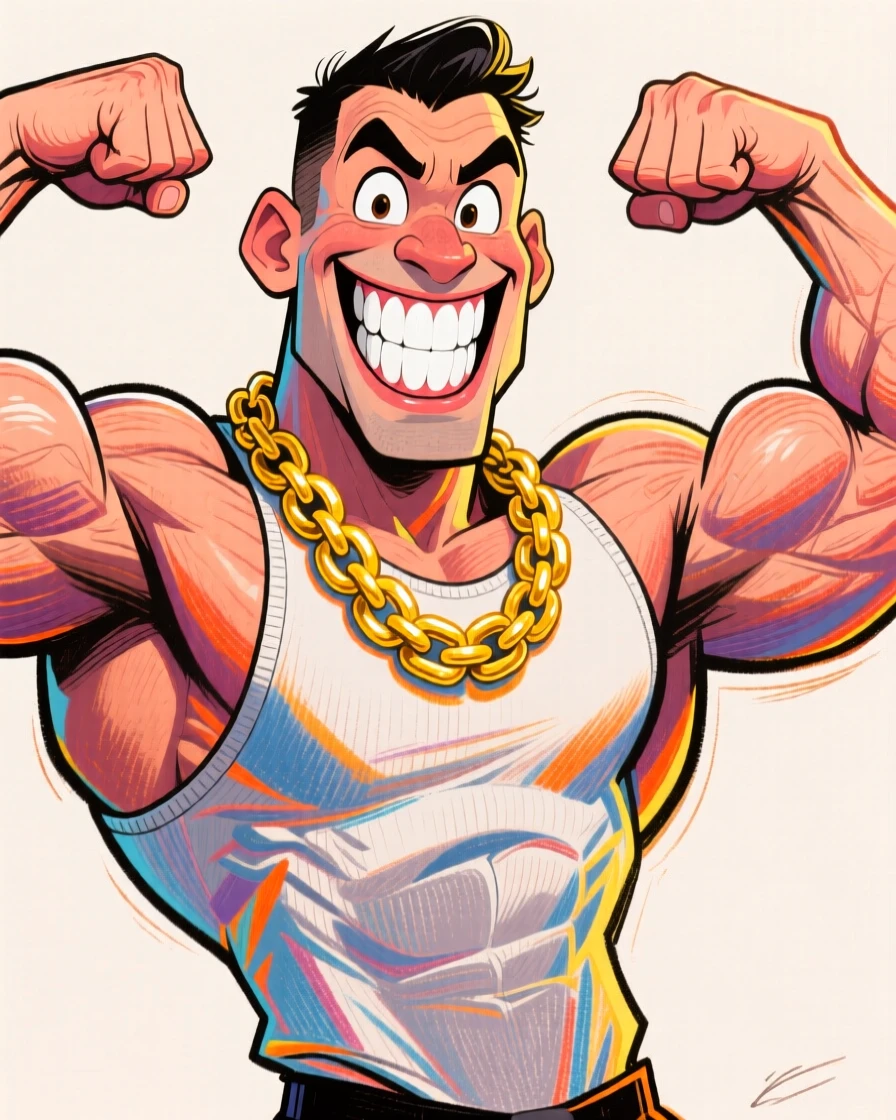 A muscular bodybuilder flexing both arms with an exaggerated grin, wearing a tight tank top and gold chain.