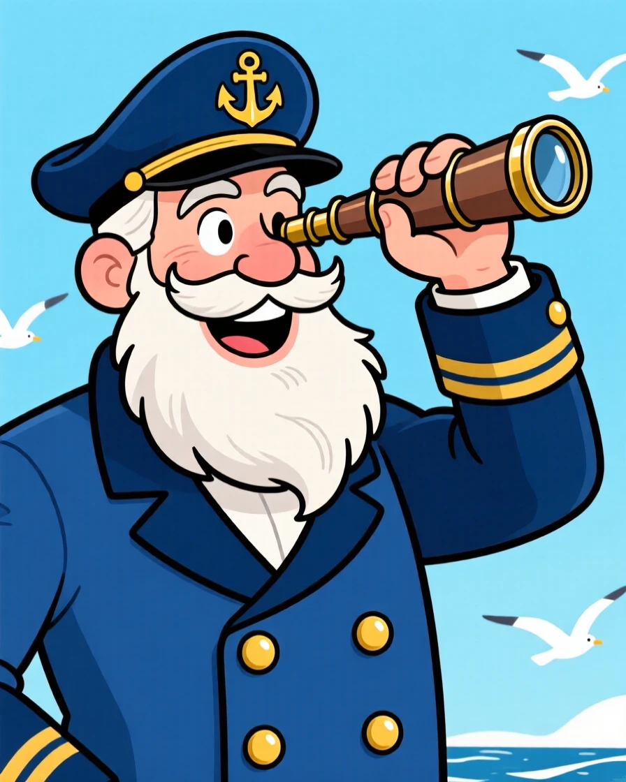 A charming portrait of a proud sea captain with a bushy white beard, a navy coat with gold buttons, and a spyglass raised to one eye.