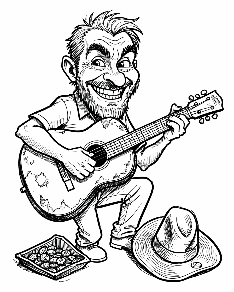 [People Portraits & Characters] Portrait of a street musician strumming a battered guitar with a hat full of coins at his feet, full of personality and charm