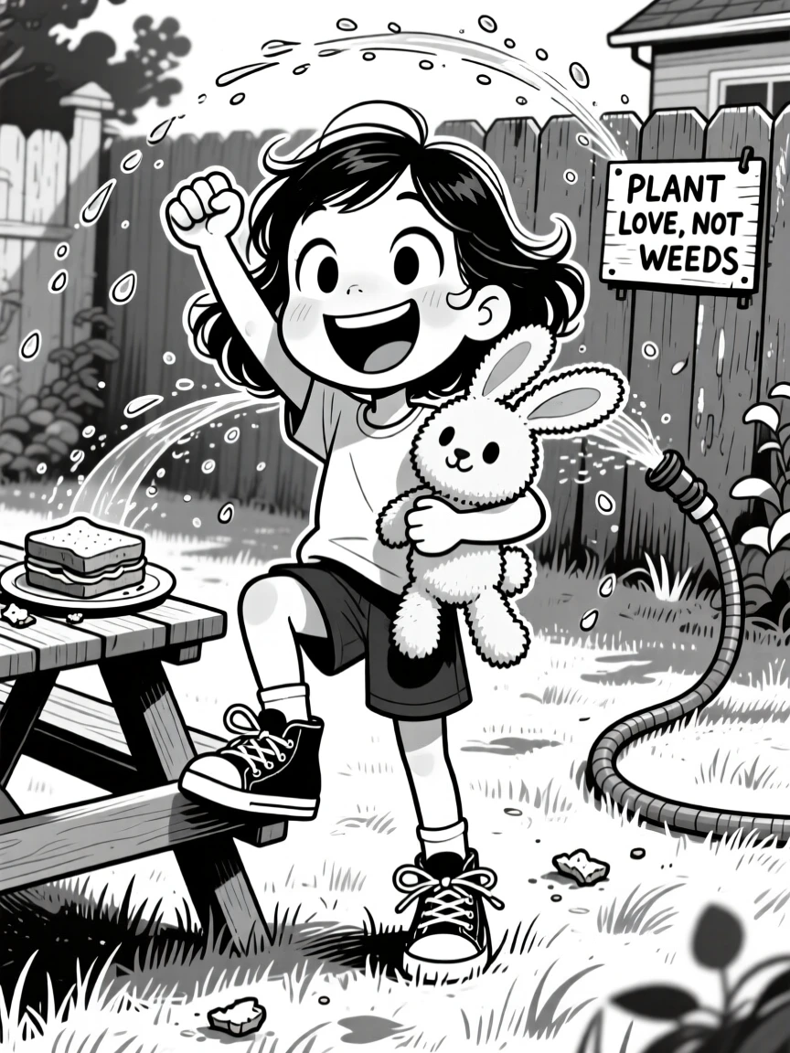 A little girl clutching a stuffed rabbit, striking a triumphant pose after finally tying both shoes, set in a backyard with a wobbly garden hose sprinkler. A half-eaten sandwich sits forgotten on the table. It's a small, ordinary moment that feels quietly precious.