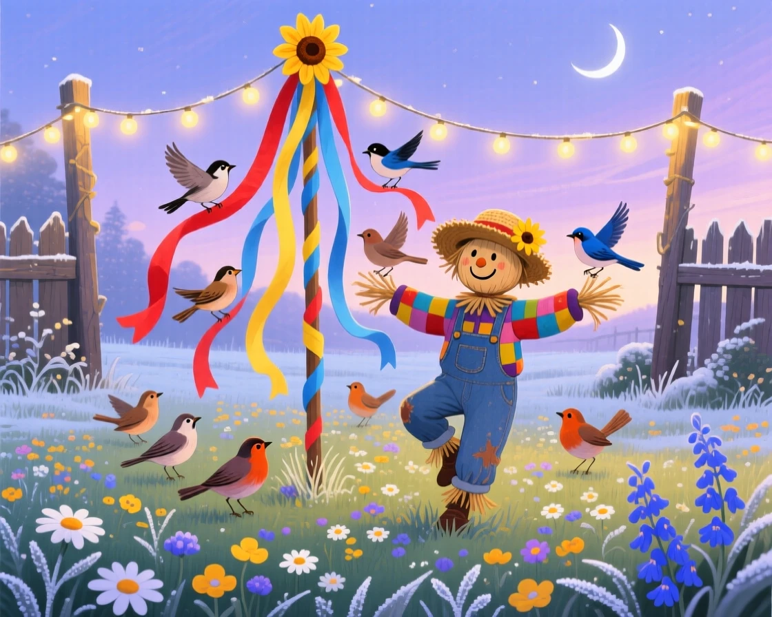 A scarecrow and a flock of birds spend the evening dancing around a maypole in a flower-filled meadow in a frosty backyard, with twinkling lights strung overhead.