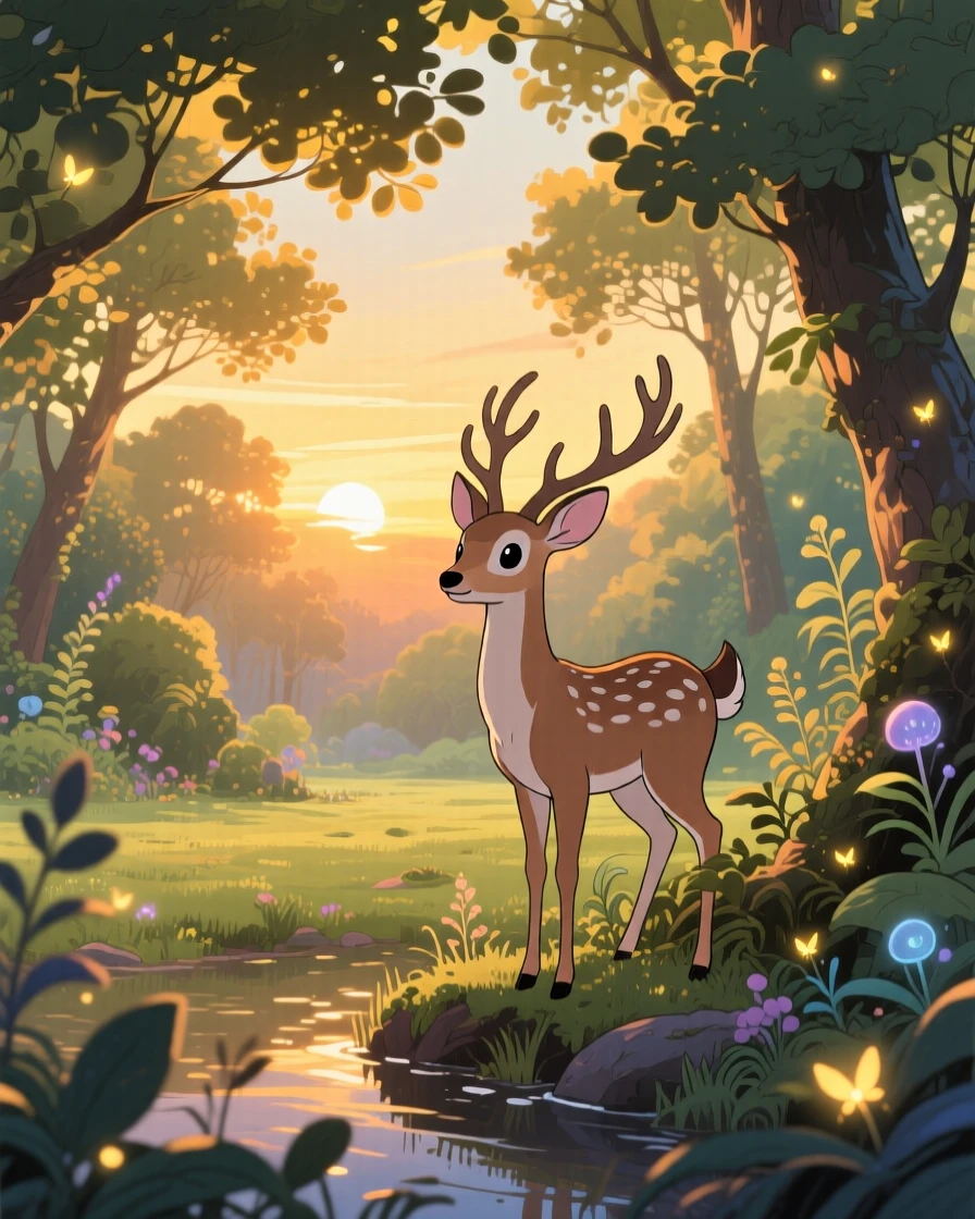 A deer pausing at the edge of a quiet forest clearing, framed by the golden light of sunset, radiating pure charm.