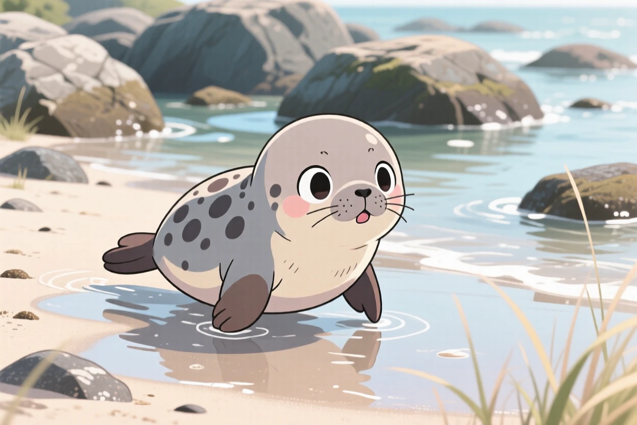 In a rocky tidal beach, a spotted baby seal is waddling clumsily across smooth wet sand during a light summer breeze, bathed in diffused overcast light, expression full of gentle surprise. Shot as a full-body shot.