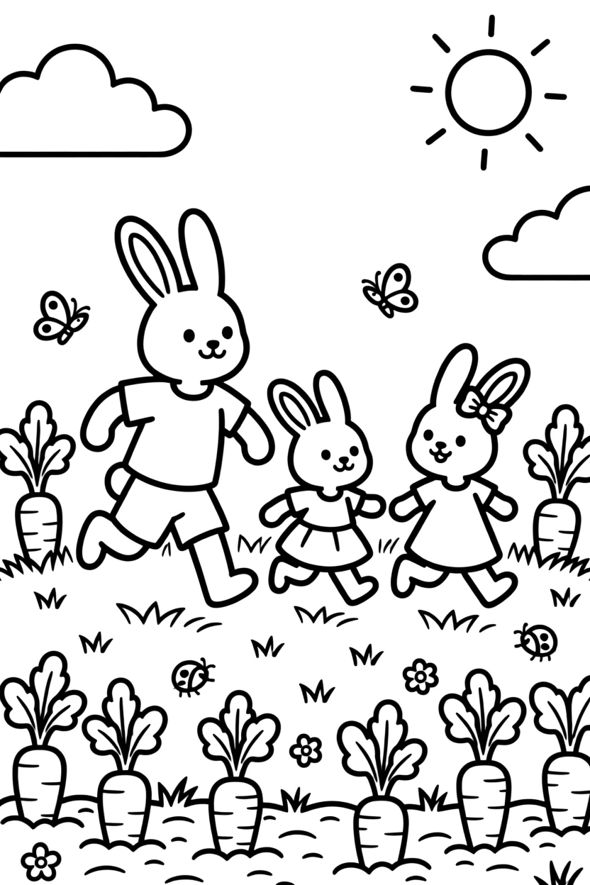 A bunny family hopping through a garden full of carrots