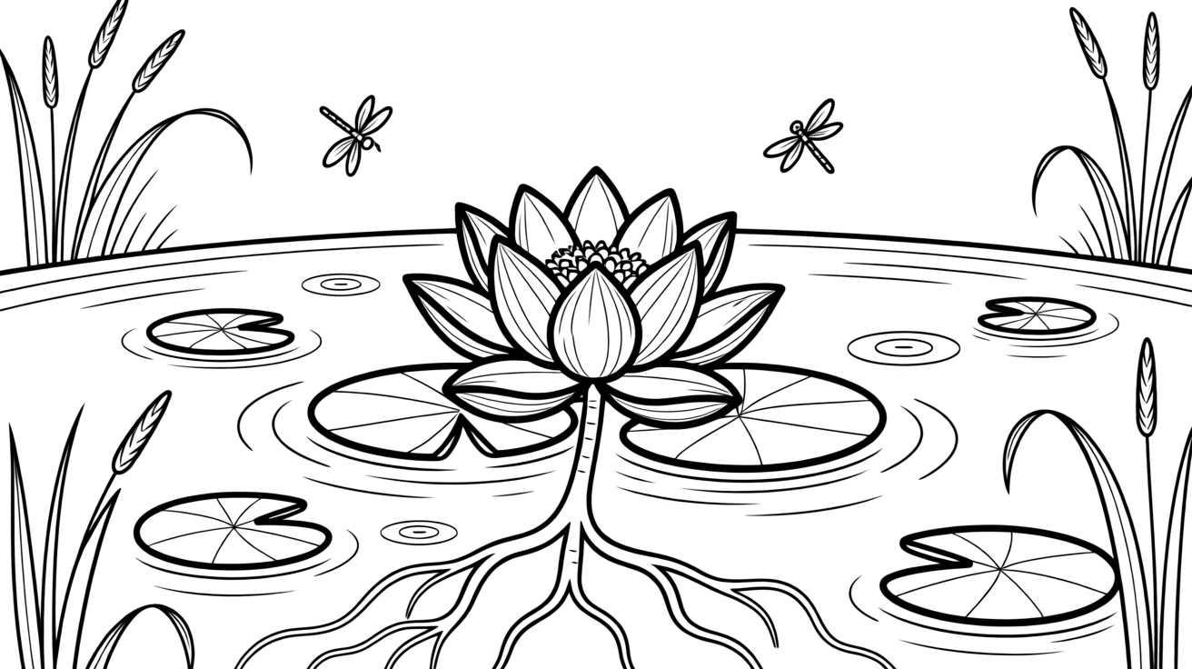 A lotus flower blooming in a still pond, with delicate roots visible through the glass.