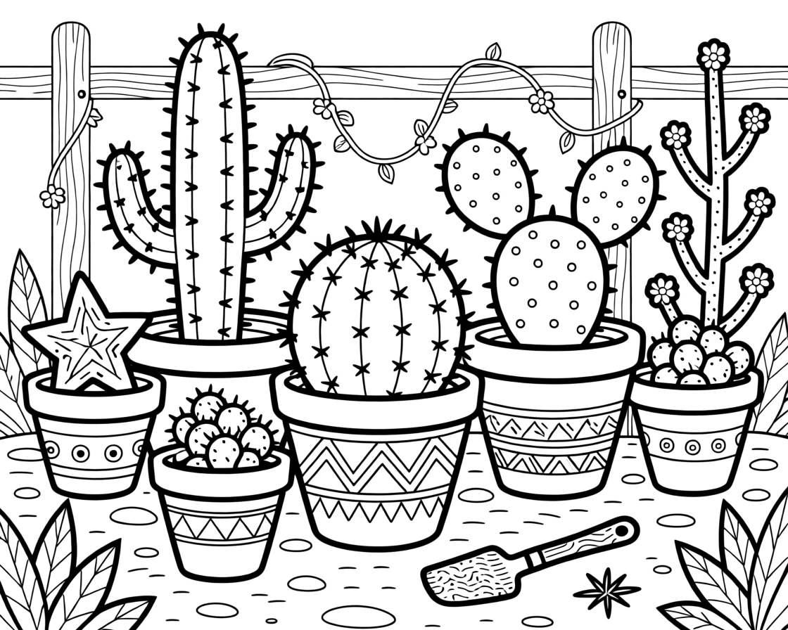 A cactus garden in terracotta pots, each plant a different shape and spine pattern.