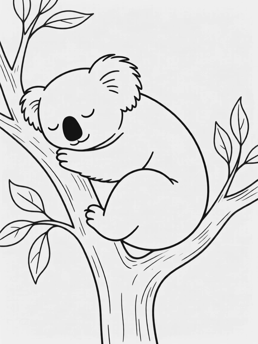A sleepy koala curled up in the fork of a eucalyptus branch