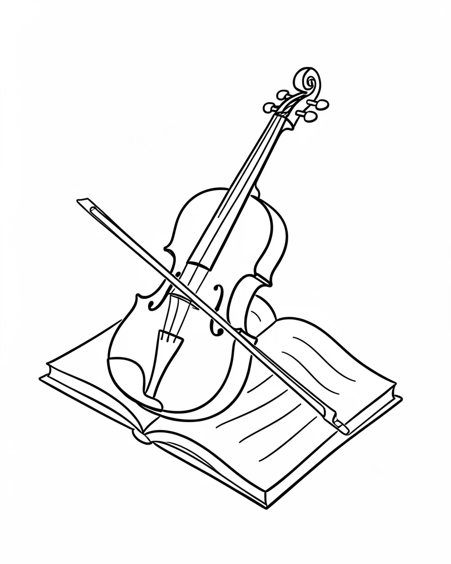 A violin and bow resting on an open sheet of music