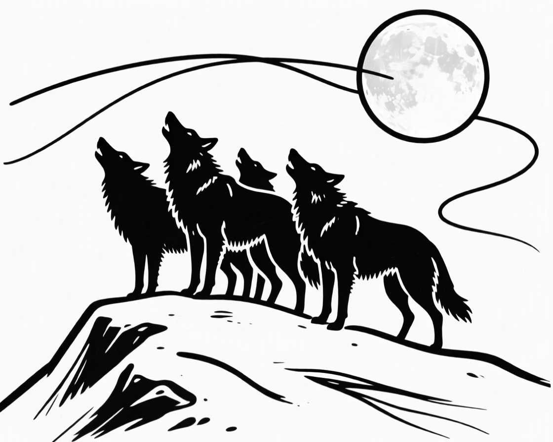 A wolf pack howling together on a snowy ridge under a full moon.