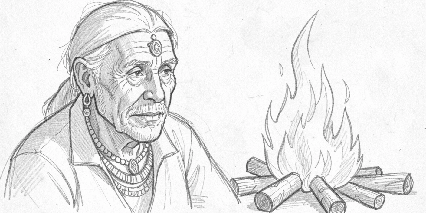 Intimate close-up of a proud tribal elder beside a crackling campfire, adorned with delicate jewelry.
