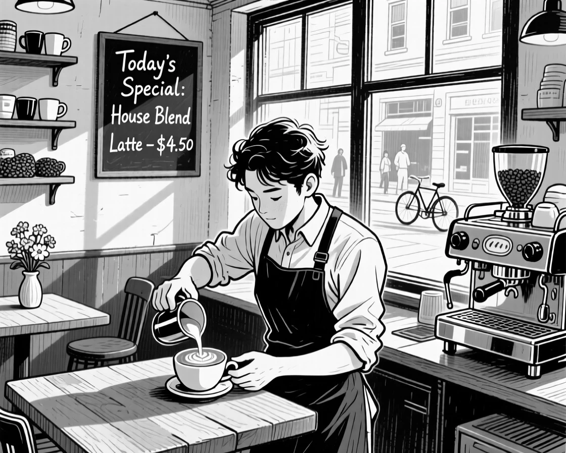 A barista pouring latte art into a cup at a cozy corner cafe, sunlight streaming through the front windows.
