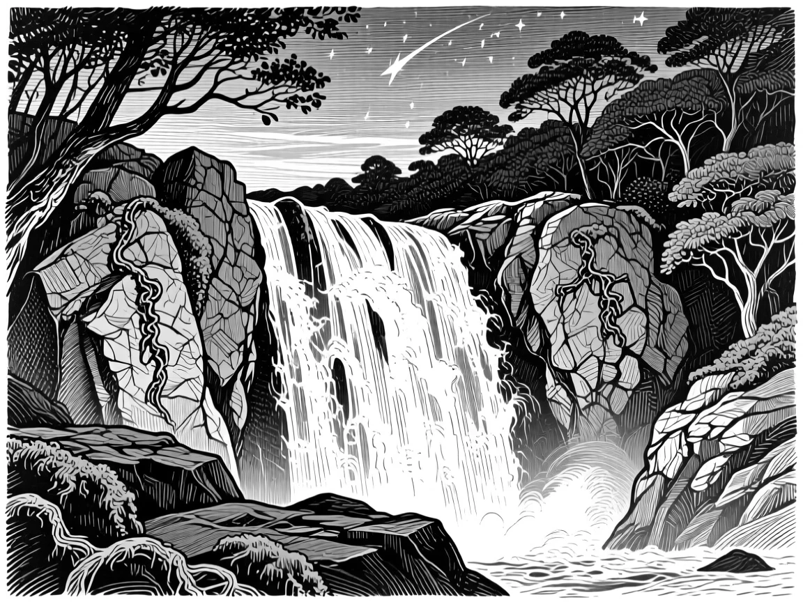 A cascading waterfall beneath a canopy of stars beginning to appear, with patches of moss clinging to weathered rock, evoking a windswept and dramatic atmosphere in a wide, balanced composition.