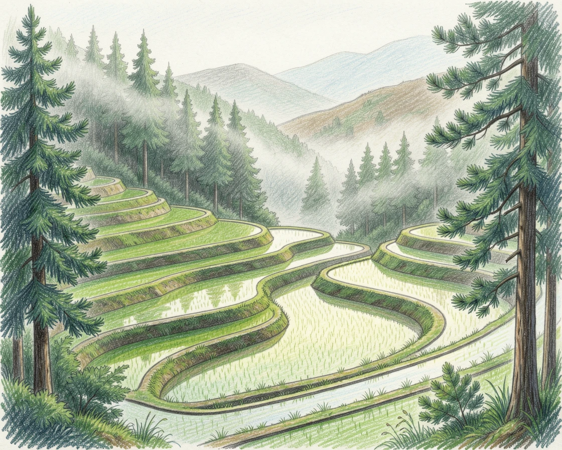 A terraced rice paddy glowing green under a soft morning mist, framed by tall evergreens and distant rolling hills, evoking a deep sense of peace and quiet wonder.
